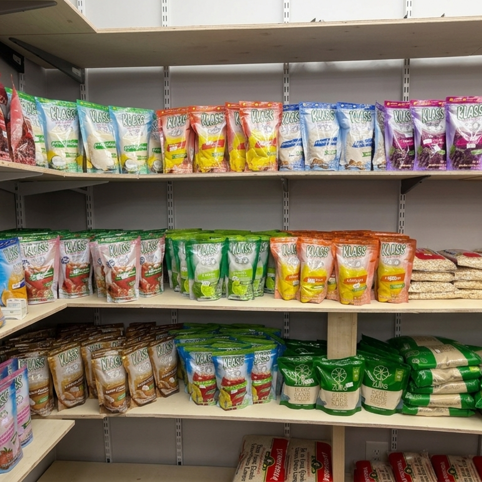 Grocery store shelves stocked with colorful Klass bags of rice, grains, and other packaged staples.